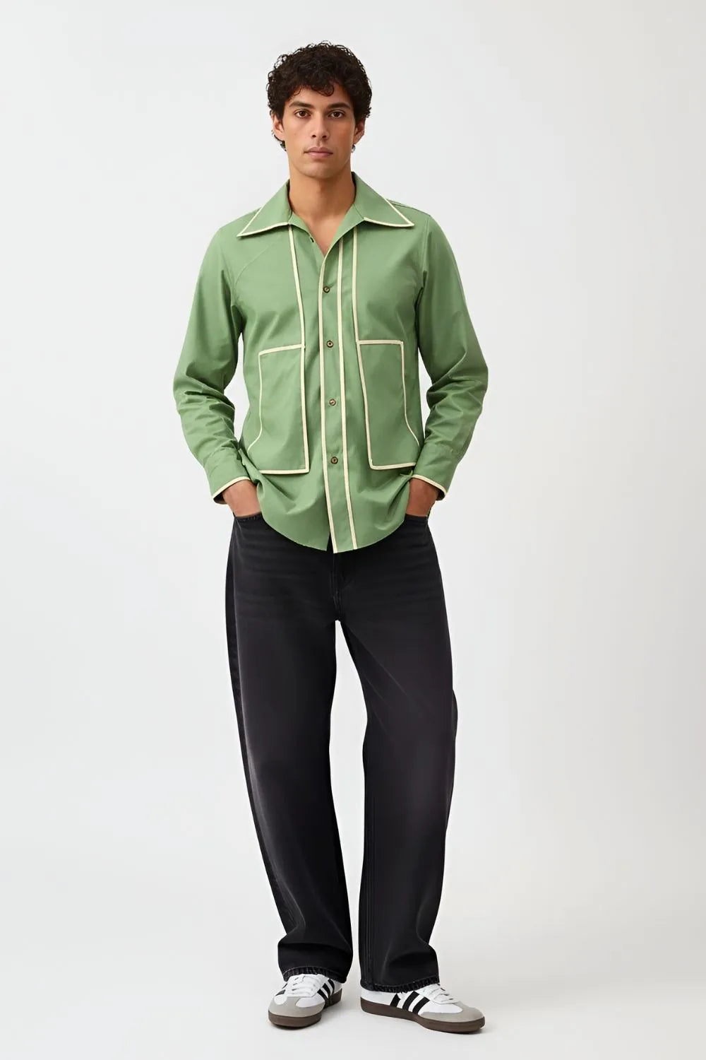 Asparagus Green-Ivory Flap Shirt – Neora By Nehal Chopra Asparagus Green-Ivory Flap Shirt – Neora By Nehal Chopra