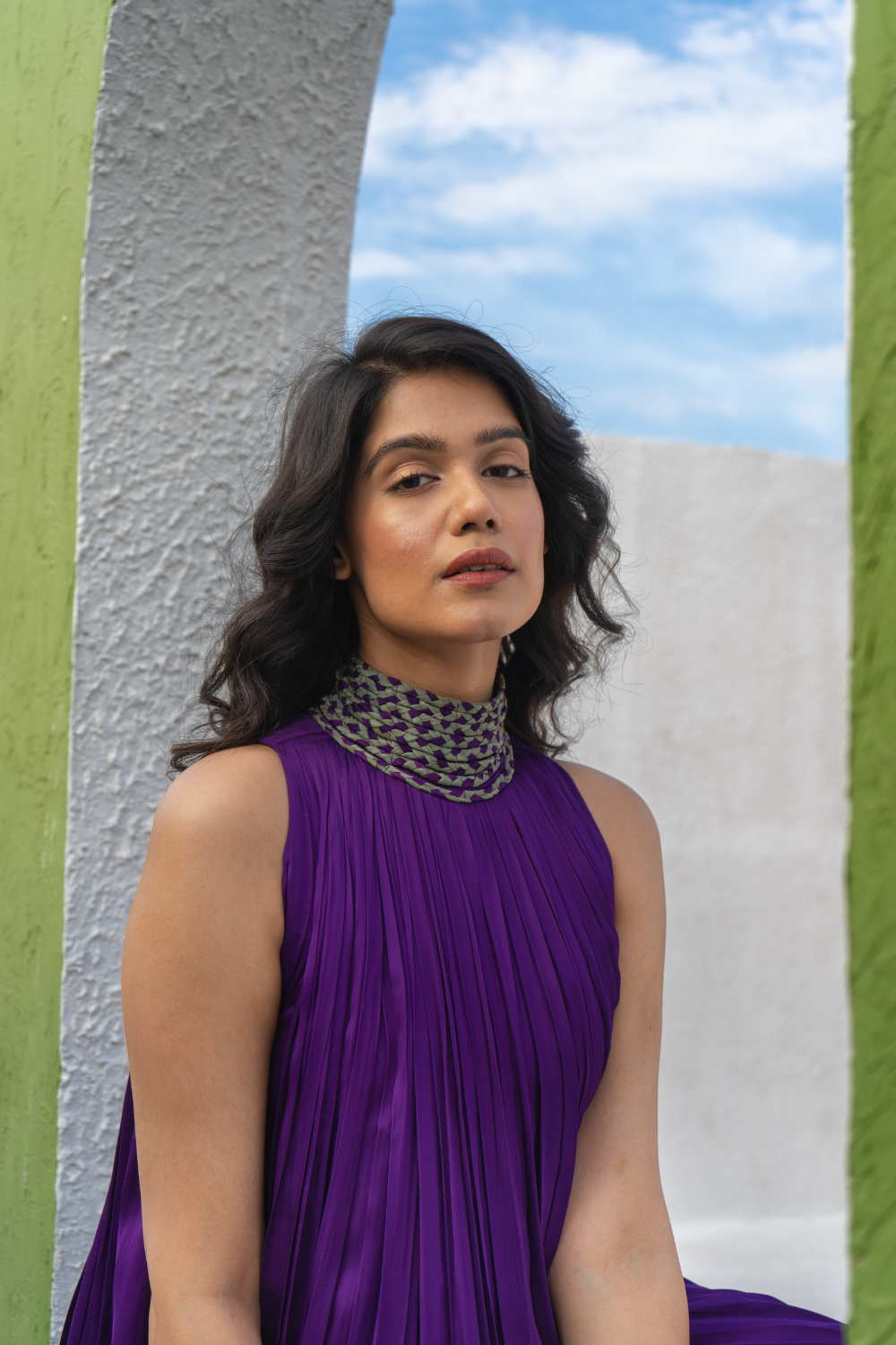 Purple-Green Braided Halter Neck Gather Gown Purple-Green Braided Halter Neck Gather Gown