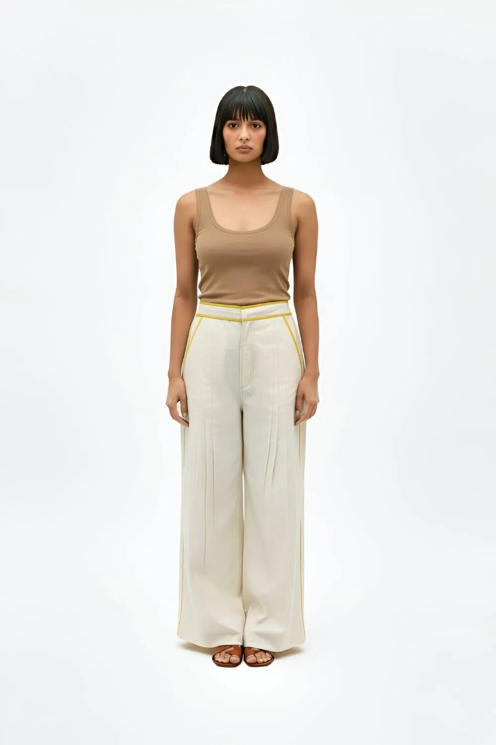Ivory-Mango Yellow Pintucks Pants