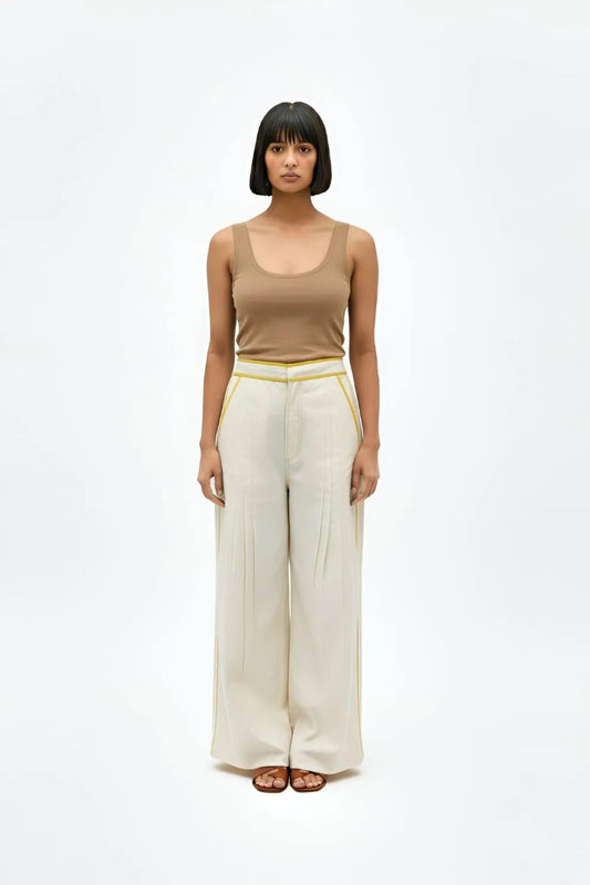 Ivory-Mango Yellow Pintucks Pants