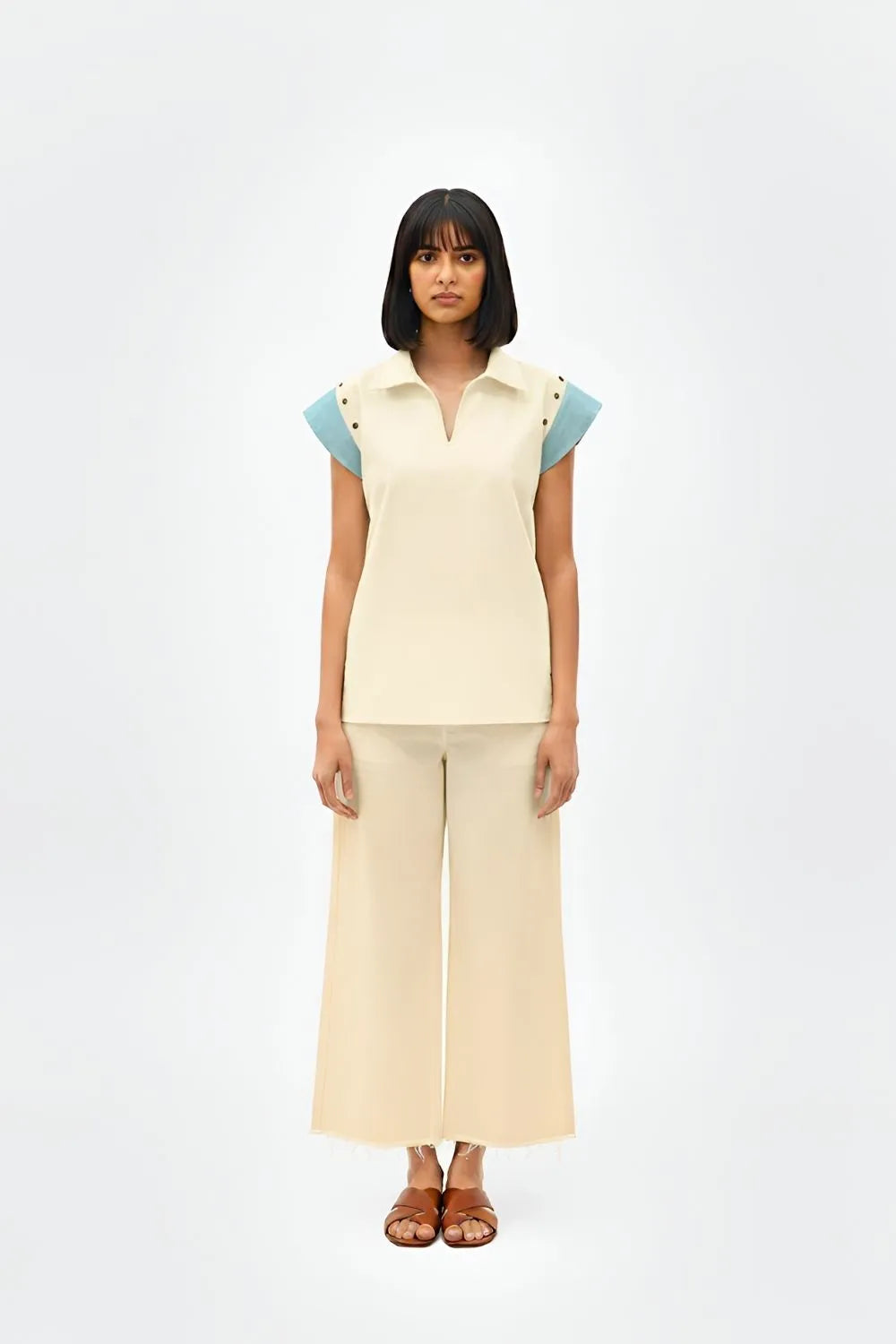 Ivory-Tiffany Blue Colorblock Co-ord Set