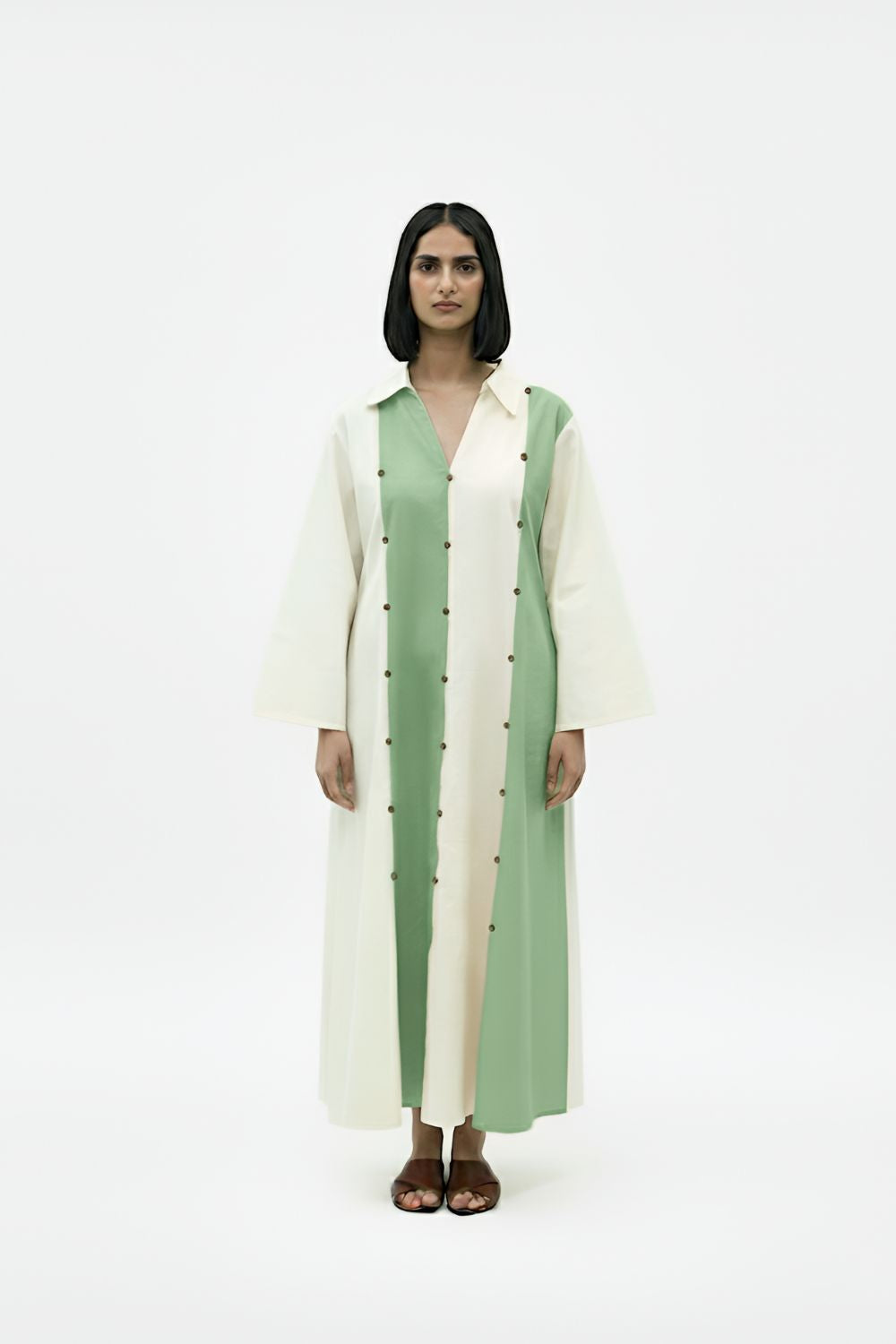 Ivory-Asparagus Green Panel Maxi Dress