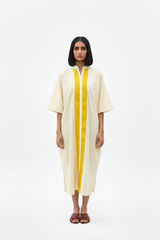 Ivory-Mango Yellow Pintucks Dress