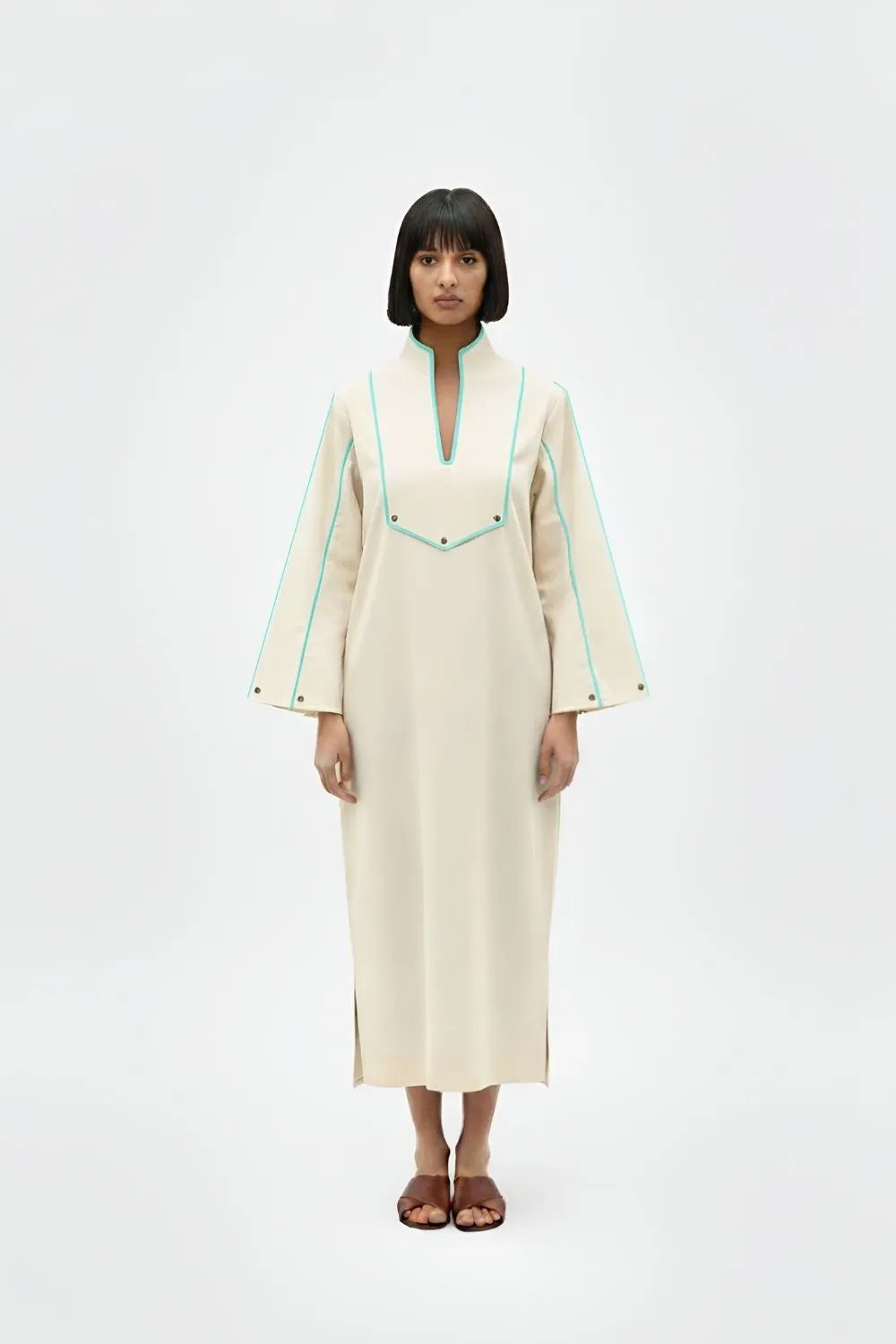 Ivory-Tiffany Blue Collared Stripe Dress