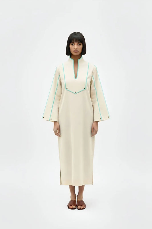 Ivory-Tiffany Blue Collared Stripe Dress