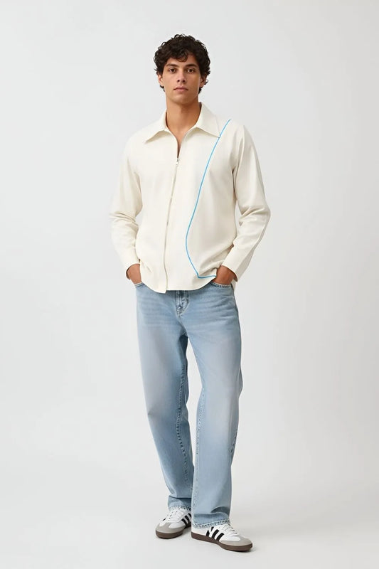 Ivory-Tiffany Blue Zip Shirt